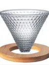 قمع V60 زجاجي منقط شفاف 02 بقاعده خشبيه